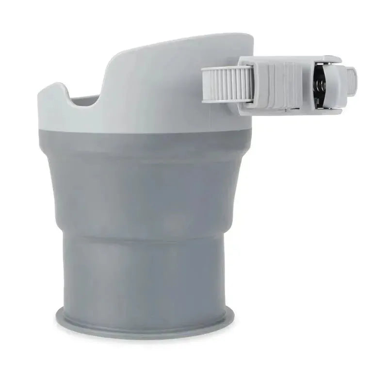 Universal collapsible cup holder by Nuby, featuring a gray design with a secure clip for mounting.