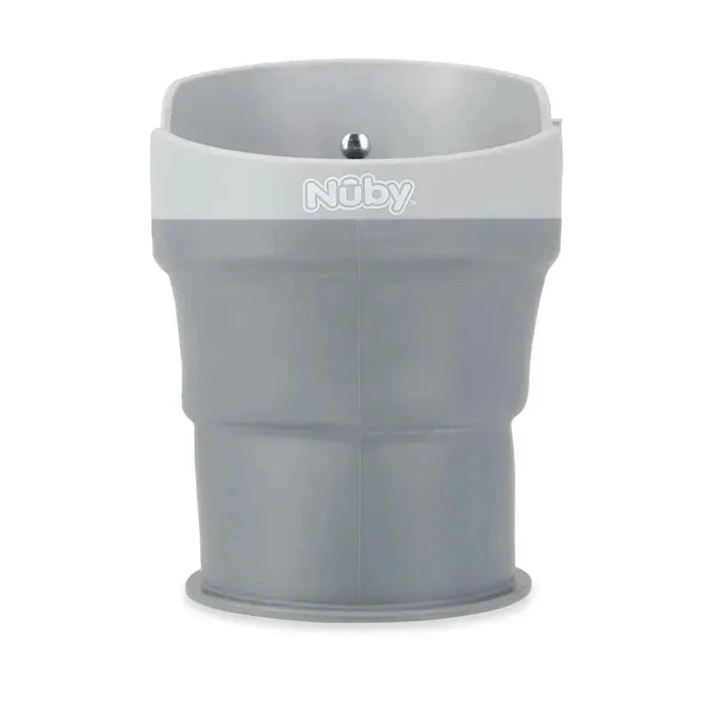 Universal collapsible cup holder by Nuby in gray, designed to securely hold cups and bottles, featuring a compact design.