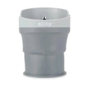 Universal collapsible cup holder by Nuby in gray, designed to securely hold cups and bottles, featuring a compact design.