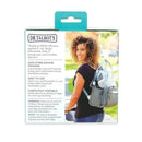 Portable UV-C sterilizer by Nuby, shown with a woman smiling while carrying it on her backpack in an outdoor setting.