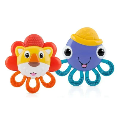 Vibrating teether set featuring a lion and an octopus, designed for infants with textured grips for easy handling.