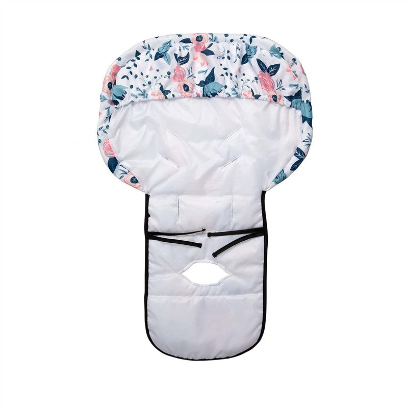 Water-resistant high chair cover featuring a floral print with pink roses and blue leaves, designed for easy cleaning.