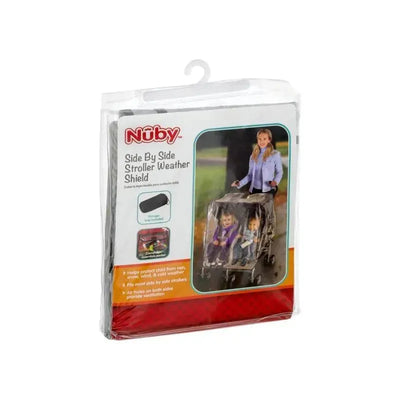 Nuby Side By Side Stroller Weather Shield in packaging, designed to protect children from adverse weather while riding.