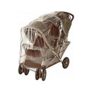 Clear weather shield for tandem stroller, designed to protect children from rain and wind.