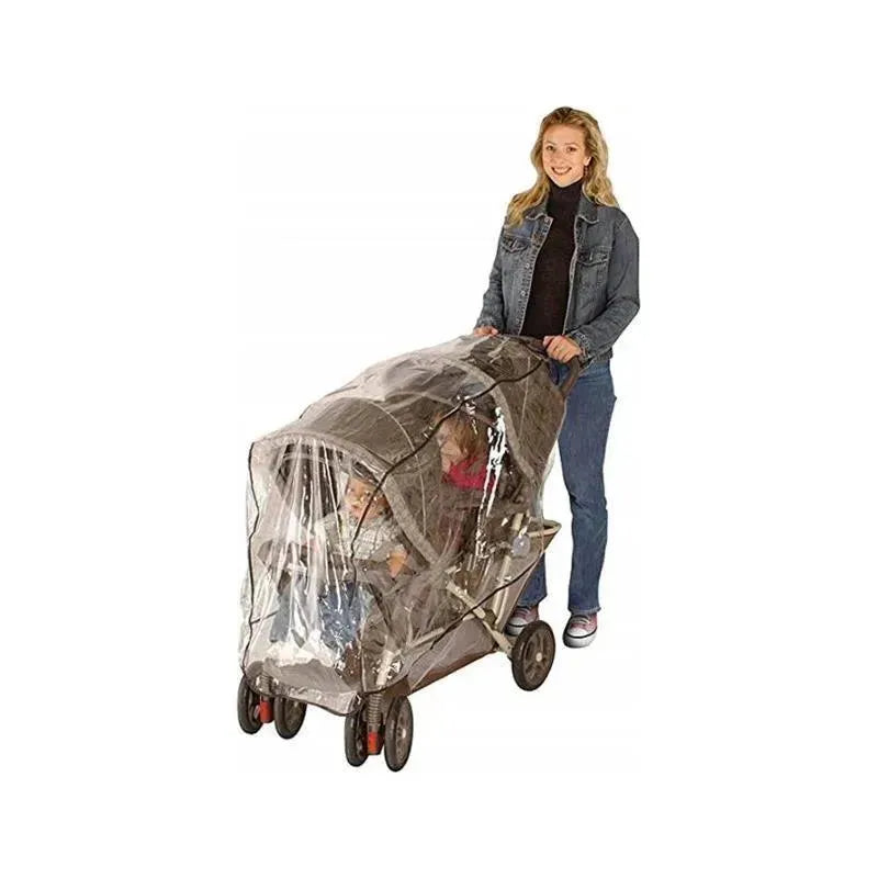Nuby Weather Shield for tandem stroller, protecting children from elements with a clear, fitted plastic cover.