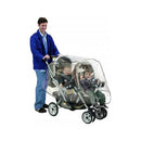 Nuby Weather Shield on a tandem stroller protecting two seated children from the weather, with a man pushing the stroller.