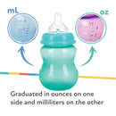 Nuby Wide Neck Non-Drip Bottle, 8 oz in blue, featuring measurements in ounces and milliliters, designed for infants.
