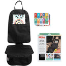 Car seat protector featuring a black design, a transparent pocket for visual learning cards, and storage compartment.