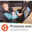 Nuby x Safe in the Seat Car Seat Protector, featuring a smiling child in a car seat, keeps upholstery safe from spills and crumbs.