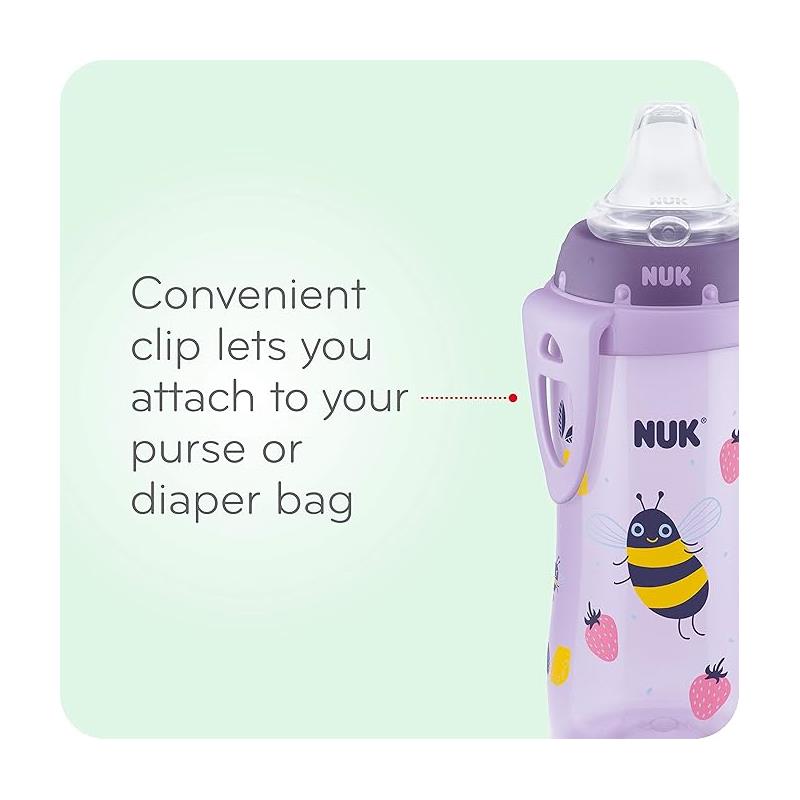 10 oz Nuk Active Cup® with silicone spout, featuring a bee and strawberry design, and a clip for attaching to bags.