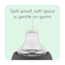 Spill-proof silicone spout of Nuk 10 oz Active Cup, designed to be gentle on gums. Text highlights key features.