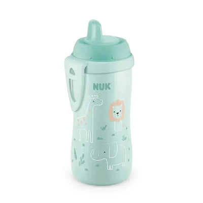 10 oz NUK active hard spout sippy cup for ages 9 months and up, featuring animal designs of a giraffe, lion, and elephant.