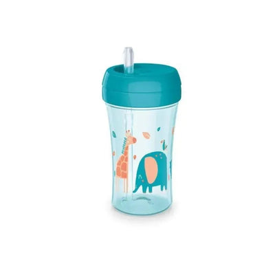 10 oz NUK EasyStraw Cup in teal featuring animal illustrations of a giraffe and an elephant on a clear body.