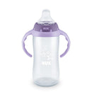 10 oz NUK Large Learner Tritan Cup in clear plastic with purple accents and handles, designed for spill-proof use by toddlers.