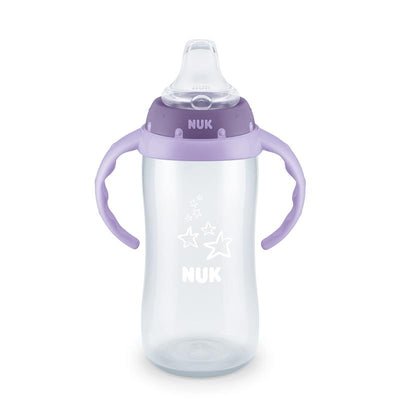 10 oz NUK Large Learner Tritan Cup in clear plastic with purple accents and handles, designed for spill-proof use by toddlers.