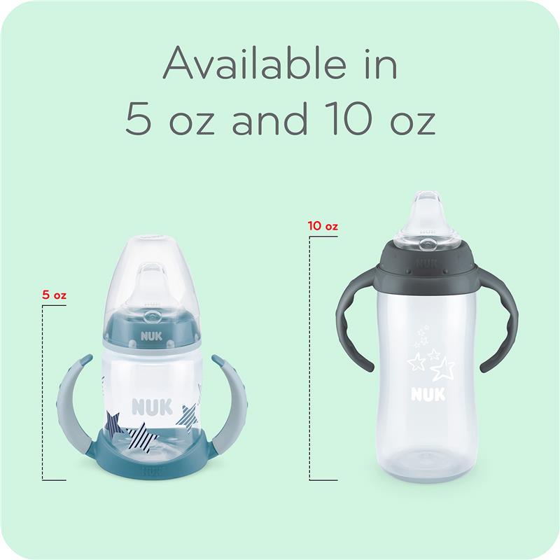 Nuk 10 oz Large Learner Tritan Cup, BPA free, spill-proof sippy cup shown alongside a 5 oz cup; features handles and clear design.