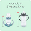 Nuk 10 oz Large Learner Tritan Cup, BPA free, spill-proof sippy cup shown alongside a 5 oz cup; features handles and clear design.