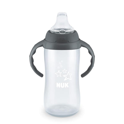 BPA-free 10 oz Nuk learner cup with gray handles, spill-proof design, and star pattern.