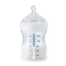 Clear 5 oz Nuk Simply Natural baby bottle with slow flow nipple, featuring measurement markings in ounces and milliliters.