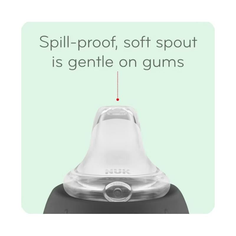 Spill-proof soft spout learner cup with gentle design, featuring the NUK brand, suitable for young children.