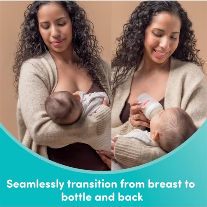 Medium flow replacement nipples for the Nuk bottle, showcased with a mother feeding her baby, transitioning from breast to bottle.