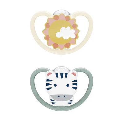 Two NUK orthodontic pacifiers designed for ages 6-18 months, featuring a sun and a zebra design.