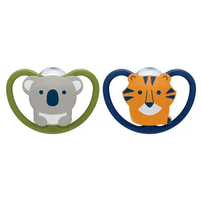 Two orthodontic pacifiers featuring a koala and a tiger design, suitable for infants aged 6 to 18 months.