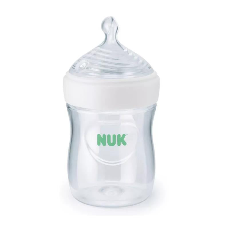 Clear 5 oz baby bottle with a slow flow nipple, branded with the Nuk logo in green.