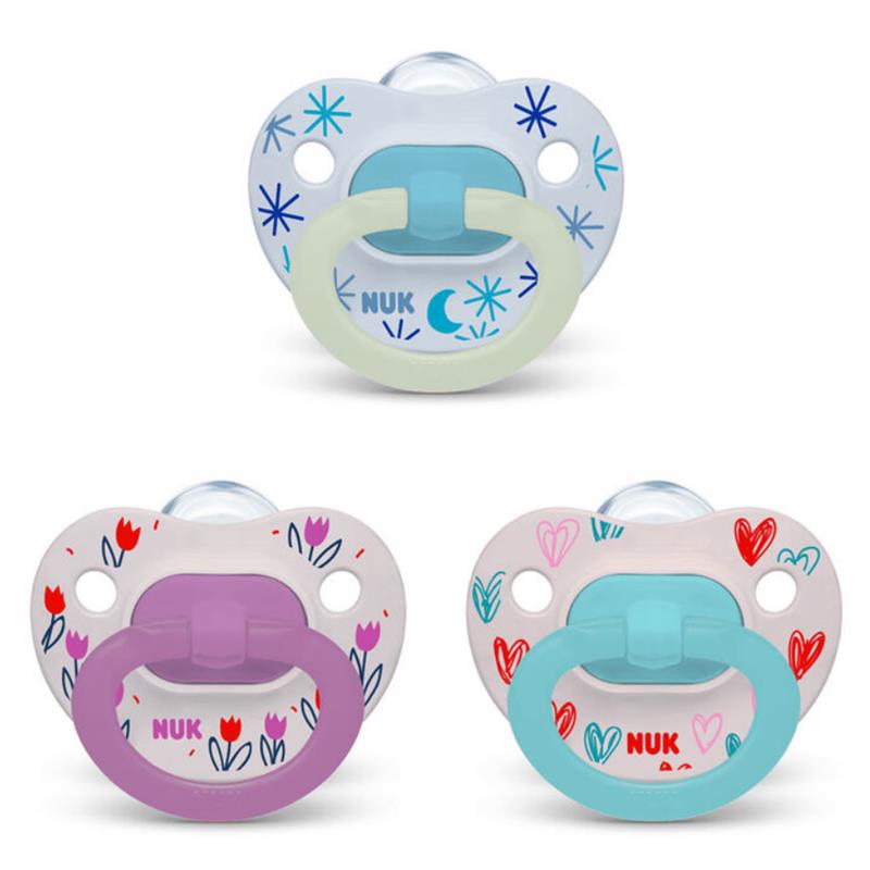 Assorted Nuk pacifiers in a value pack; features three designs with playful patterns and soft pastel colors.