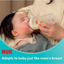NUK Perfect Match baby bottle being fed to an infant, with text highlighting its adaptability to babies.