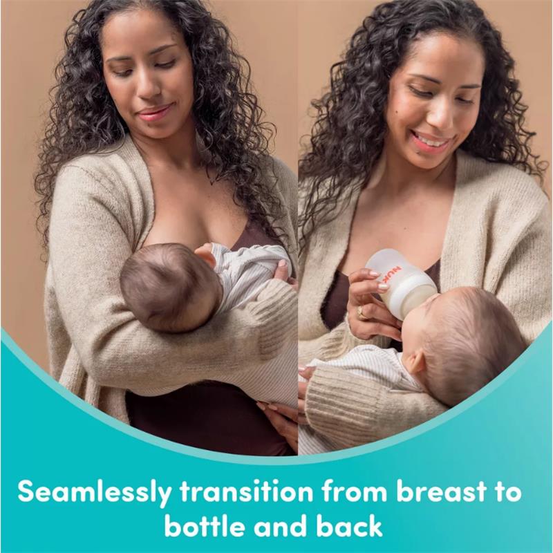 Nuk 3Pk Perfect Match Baby Bottle 5 Oz, showcasing a mother breastfeeding and using a bottle with her baby.