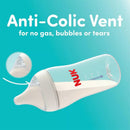 Nuk 5 oz baby bottle featuring an anti-colic vent, labeled for reduced gas, bubbles, or tears.