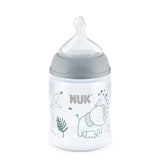 5oz Nuk Smooth Flow Anti-Colic Baby Bottle featuring a cute elephant design and a transparent body with a grey cap.