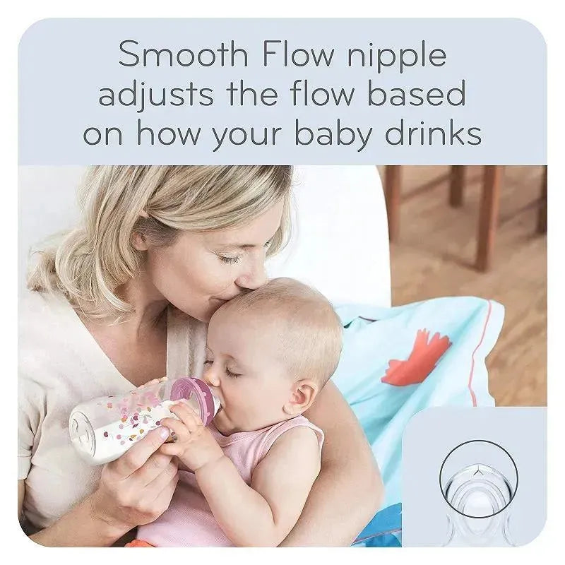 Nuk 5 oz Smooth Flow Anti-Colic Baby Bottle features a colorful design, held by a mother feeding her baby, demonstrating the adjustable nipple flow.