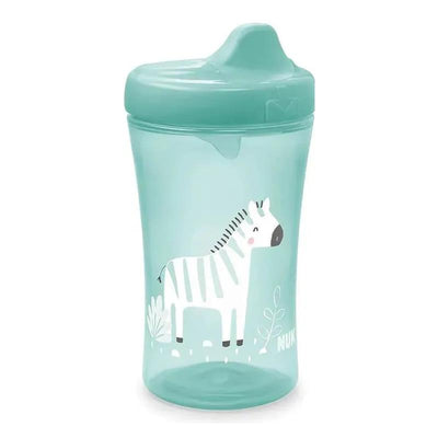 Nuk Active Hard Spout Spill Proof Sippy Cup, 10 oz, featuring a teal body and a zebra design, suitable for 9+ months.