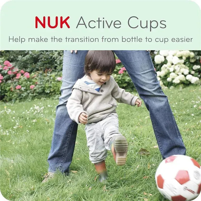 NUK Active Cups promote transitioning from bottle to cup, featuring a child kicking a soccer ball with an adult.