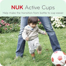 NUK Active Cups promote transitioning from bottle to cup, featuring a child kicking a soccer ball with an adult.