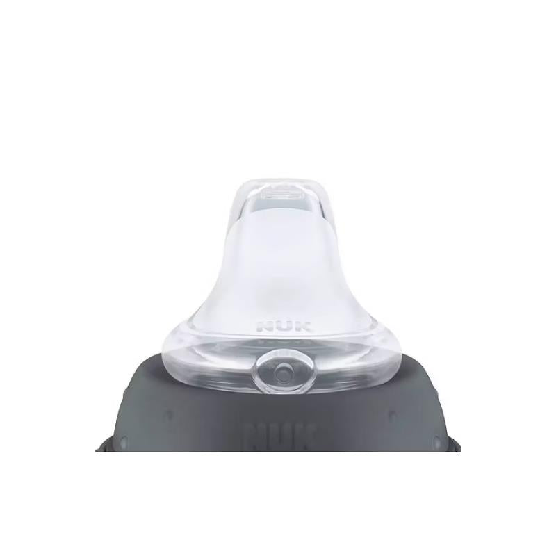 Nuk Disney Toy Story learner cup with a transparent spout and dark gray base, designed for boys, 10 oz capacity.