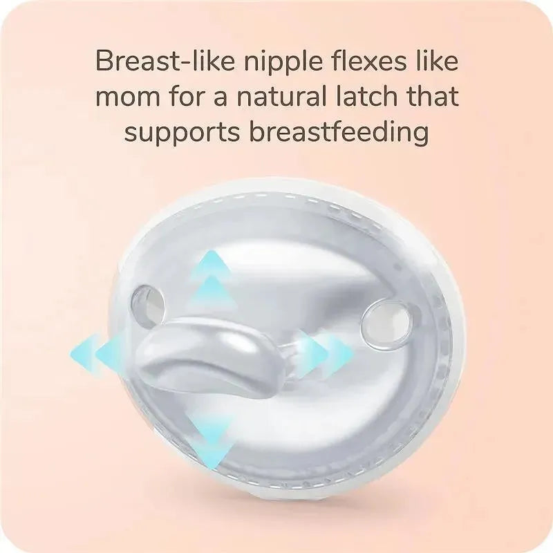 Breast-like NUK pacifier with a flexing nipple design for natural latching to support breastfeeding.