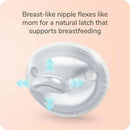 Breast-like NUK pacifier with a flexing nipple design for natural latching to support breastfeeding.