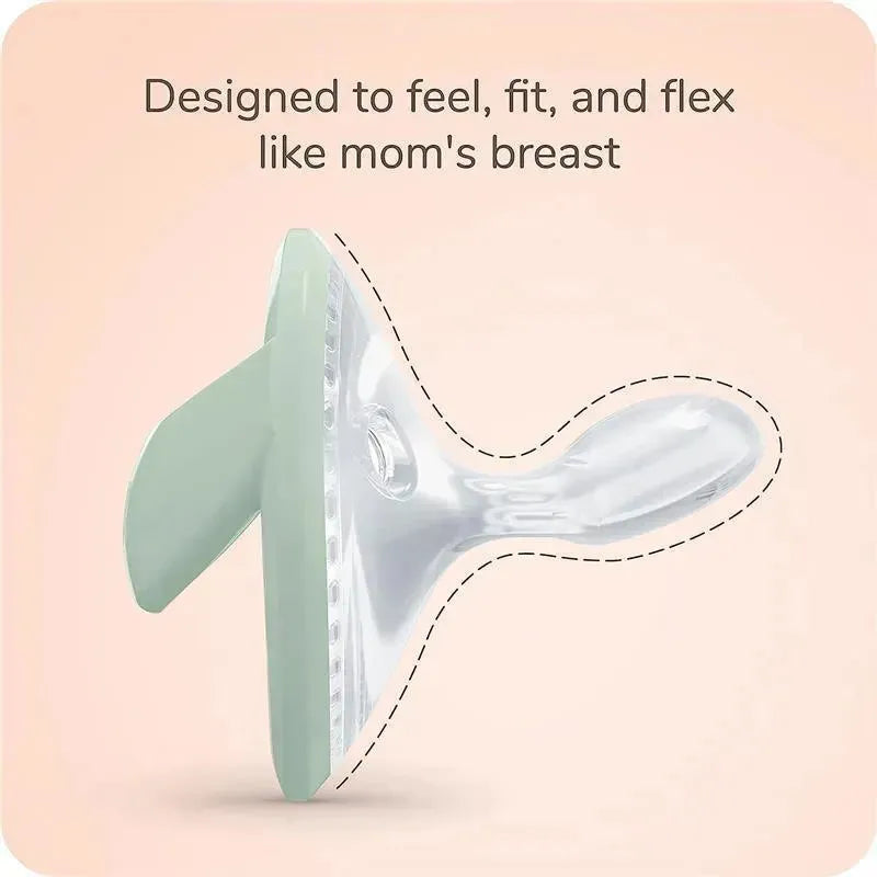 NUK Simply Natural pacifier for ages 0-6 months, featuring a soft mint green shield designed to mimic the feel of mom’s breast.
