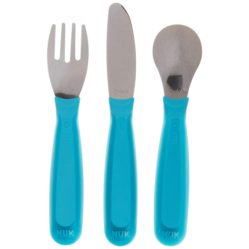 NUK Kiddy Cutlery utensil set for children 18+ months in blue, including a fork, knife, and spoon.