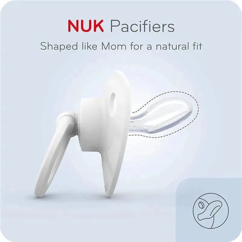 NUK pacifier designed for a natural fit, featuring a translucent teat and white shield, with a tagline above.