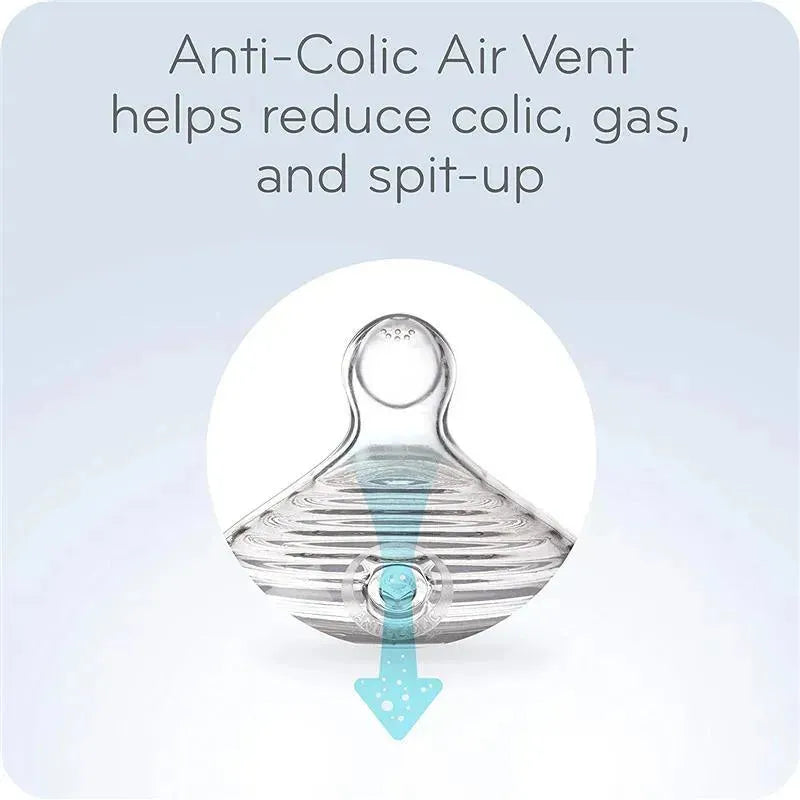 Anti-Colic Air Vent nipple design helps reduce colic, gas, and spit-up for better feeding experience.