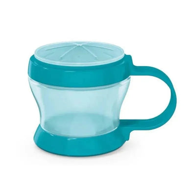 NUK Healthy Snacker Baby Food Storage container in teal, featuring a clear body and an ergonomic handle.