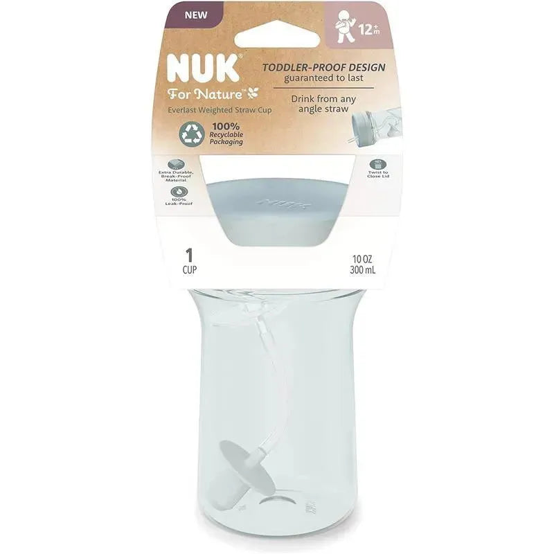 NUK Nature Everlast Weighted Straw Cup featuring a leak-proof design, clear body, and gray lid; holds 10 oz (300 mL).