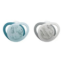 Nuk Next Gen Classic Pacifier set of two, designed for 0-6 months, featuring teal and gray marbled designs.