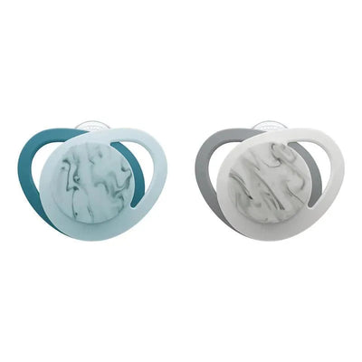Nuk NFN Next Gen Classic Pacifier 2PK for 6-18 months, featuring a teal and gray design with marbled circular shields.