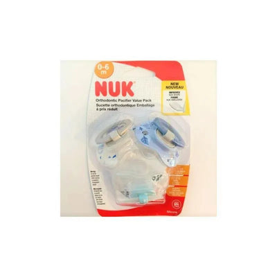 NUK Orthodontic Pacifiers Value Pack for 0-6 months, featuring two pacifiers with silicone tips and decorative designs.
