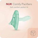 NUK Comfy Pacifier in soft green color, designed for comfort and a perfect fit, suitable for babies.